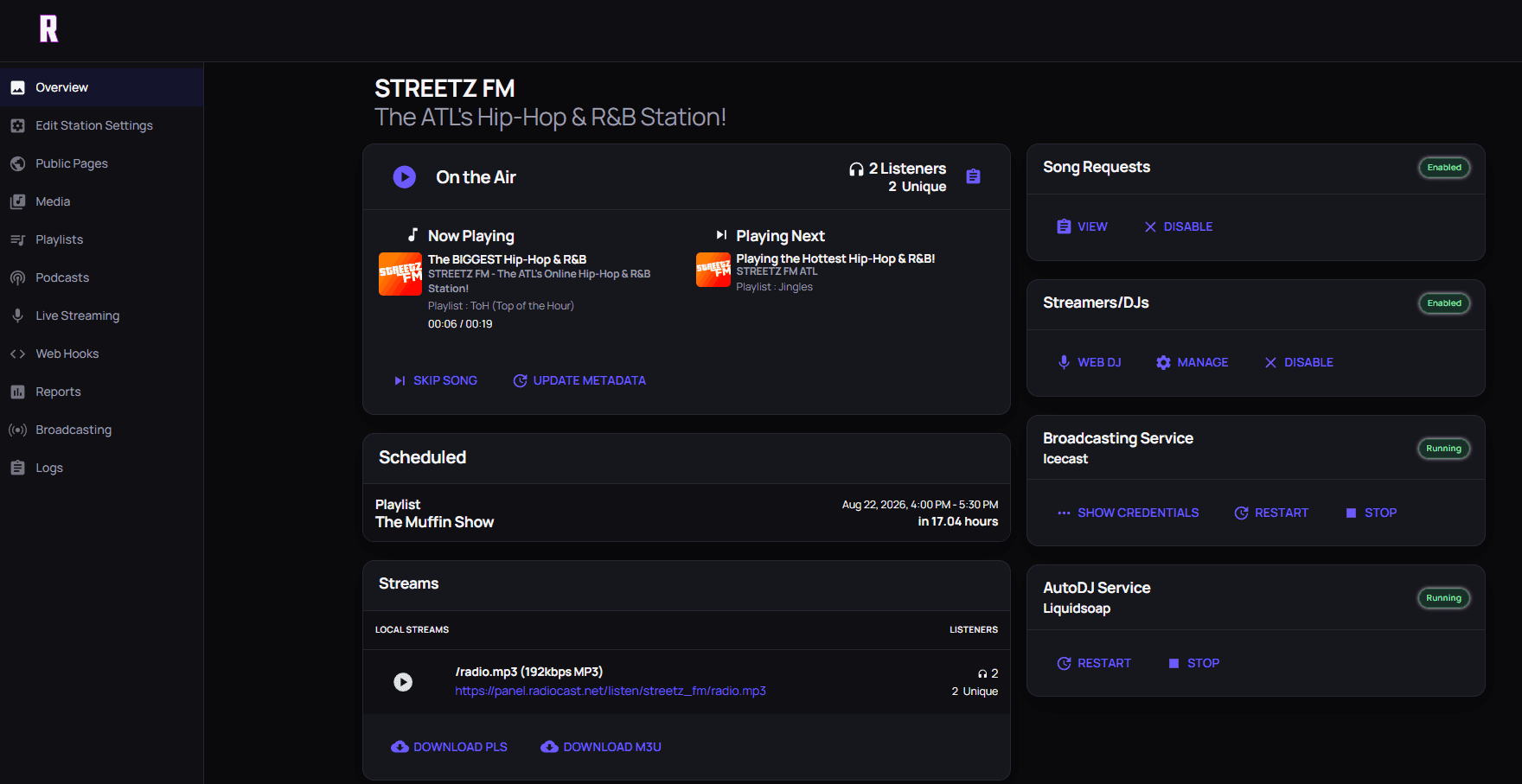 STREETZ FM on Radiocast: On the Air, AutoDJ, Icecast, and live DJ controls